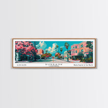 Carregar imagem no visualizador da galeria, Burbank California Panoramic Painting, Mid Century Modern Framed Canvas Print, Retro Pop Art Travel Poster, Living Room Wall Art, City Art
