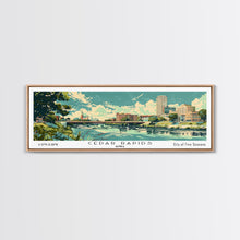 Cargar imagen en el visor de la galería, Cedar Rapids Iowa Panoramic Painting, Mid Century Modern Framed Canvas Print, Retro Pop Art Travel Poster, Living Room Wall Art Decor, City Print
