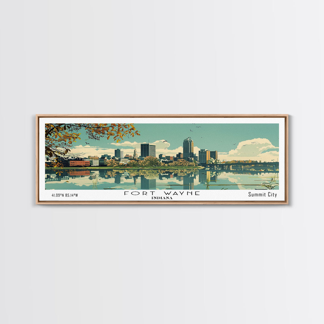 Fort Wayne Indiana Panoramic Art, Mid Century Modern Framed Canvas Print, Retro Pop Art Travel Poster, Home Wall Decor