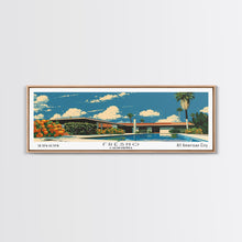 Load image into Gallery viewer, Fresno California Panoramic Painting, Mid Century Modern Framed Canvas Print, Retro Pop Art Travel Poster, Living Room Wall Art
