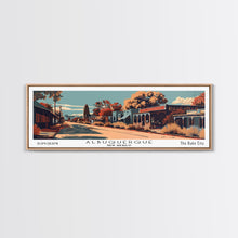 Carregar imagem no visualizador da galeria, Albuquerque New Mexico Panoramic Painting, Framed Canvas Print, Mid Century Modern Wall Art, Retro Pop Art Travel Poster, Office Decor, City Art
