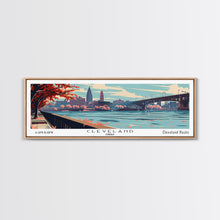 Cargar imagen en el visor de la galería, Cleveland Ohio Panoramic Painting, Framed Canvas Print, Mid Century Modern Wall Art, Retro Pop Art Travel Poster, Living Room Decor, City Art
