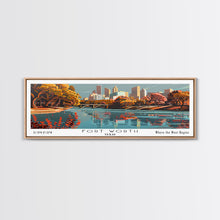 Load image into Gallery viewer, Fort Worth Texas Panoramic Painting, Framed Canvas Print, Mid Century Modern Wall Art, Retro Pop Art Travel Poster, Home Decor, City Art
