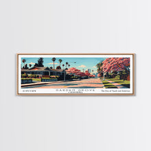 Cargar imagen en el visor de la galería, Garden Grove California Panoramic Painting, Framed Canvas Print, Mid Century Modern Wall Art, Retro Pop Art Travel Poster, Living Room Decor, City Art
