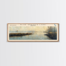 Load image into Gallery viewer, Blue Springs Lake Missouri Framed Canvas Print, Lake House Art, Panoramic Scenic View, Travel Poster, Minimalist Art, Lake Painting
