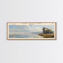 Load image into Gallery viewer, Fort Peck Lake Montana Framed Canvas Print, Lake House Art, Panoramic Wall Art, Travel Poster, Serene Lake Painting, Home Decor
