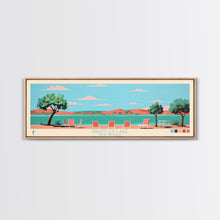 Load image into Gallery viewer, Brantley Lake New Mexico Framed Canvas Print, Midcentury Modern Panoramic Wall Art, Living Room Decor, Pop Art, Travel Poster Art, Scenic Nature Painting
