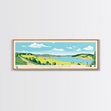 Load image into Gallery viewer, Diamond Hill Reservoir Rhode Island Framed Canvas Print, Midcentury Modern Panoramic Wall Art, Living Room Decor, Pop Art, Travel Poster Art, Scenic Nature Painting
