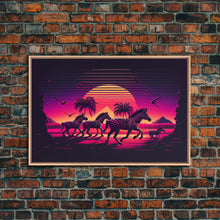 Load image into Gallery viewer, Zebra running through the plains, synthwave art, framed canvas print, framed wall art
