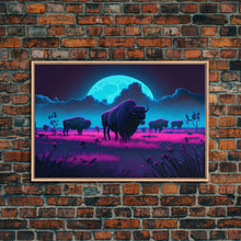 Load image into Gallery viewer, American Buffalo, Retrowave art, herd of Bison and a full moon, framed canvas print
