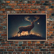 Load image into Gallery viewer, Deer made of stars, reflection stag, framed canvas print, unique wall art
