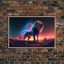 Load image into Gallery viewer, Cosmic roar watercolor, Lion staring at the stars over Africa, framed canvas print, unique vibrant wall art
