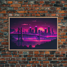 Load image into Gallery viewer, Cyberpunk San Francisco, Futuristic city skyline art, framed canvas print,  Synthwave / vaporwave cityscape decor
