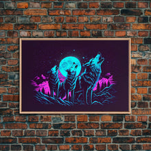 Load image into Gallery viewer, Howl at the moon - turquoise wolf pack howling at the moon, framed canvas print, vaporwave art
