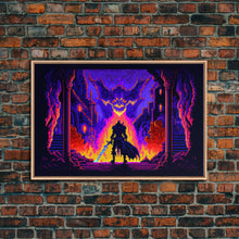 Load image into Gallery viewer, 8 bit Pixel art, RPG video game concept art, Paladin faces the Dragon, synthwave style, framed canvas print
