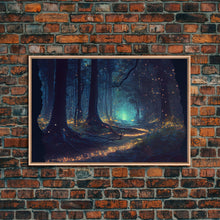 Load image into Gallery viewer, The magical enchanted forest is lit brightly with fireflies at night, framed canvas print, fantasy art
