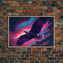 Carregar imagem no visualizador da galeria, Bald eagle in flight, vaporwave aesthetic art, eagle against a pastel sunset sky, framed canvas art, framed print
