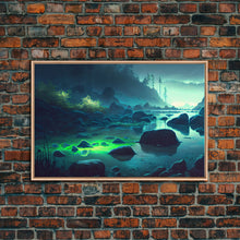 Cargar imagen en el visor de la galería, Bioluminescent glowing river, cool nature watercolor art, framed canvas print
