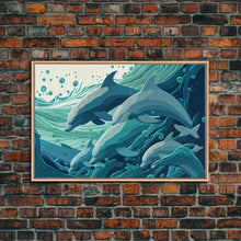 Load image into Gallery viewer, Dolphins in the Ocean, Turquoise dolphin art, framed canvas print, wall art with frame
