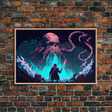 Load image into Gallery viewer, Warrior Vs Cthulhu, RPG concept pixel art, framed canvas print, outrun video game art
