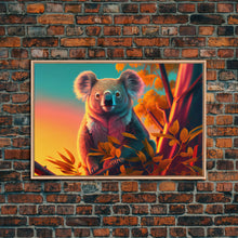 Cargar imagen en el visor de la galería, Cute Koala bear at sunset, vaporwave animal art, framed canvas print, framed wall art, ready to hang
