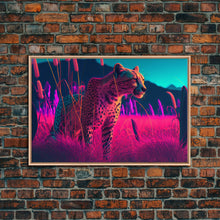 Load image into Gallery viewer, Cheetah on the hunt, vaporwave art, sunset hunter, framed canvas print, framed wall art
