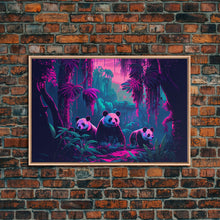 Load image into Gallery viewer, Cute pandas, jungle, framed canvas print, framed wall art, synthwave animal art
