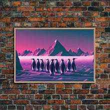 Load image into Gallery viewer, Penguins on the nice, cute animal prints, framed canvas print, synthwave / vaporwave art
