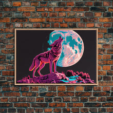 Load image into Gallery viewer, Howl at the moon, wolf art, framed canvas print, synthwave / vaporwave art
