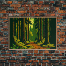Load image into Gallery viewer, Among The Tall Trees, Beautiful forest 8 bit pixel art, framed canvas print, game room art

