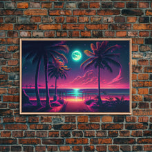 Load image into Gallery viewer, Outrun style full moon lit beach, framed canvas print, synthwave palm tree &amp; beach art
