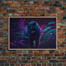 Carregar imagem no visualizador da galeria, Black panther on the hunt in the jungle, glowing blue eyes, synth wave aesthetic art, framed canvas print
