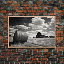 Carregar imagem no visualizador da galeria, Black and White Photo Of a Barn and Hay Bail, Liminal Art, Country Decor, Farmhouse Style Art, Canvas Print
