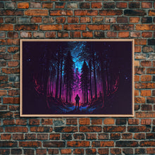 Cargar imagen en el visor de la galería, Contemplating the stars, vaporwave aesthetic, forest art, starry night, framed canvas print, outrun art
