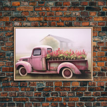 Load image into Gallery viewer, Framed Picture of old truck with beautiful flowers in bed of truck, farmhouse living, old barn, farmhouse distressed, framed canvas print
