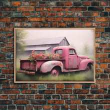 Load image into Gallery viewer, Framed Picture of old truck with beautiful flowers in bed of truck, farmhouse living, old barn, farmhouse distressed, framed canvas print
