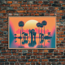 Load image into Gallery viewer, Sun beading down on a family of Elephants, framed canvas print
