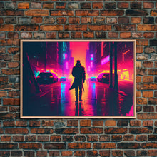Load image into Gallery viewer, Cyberpunk bounty hunter art, vaporwave synthwave dystopian cityscape, framed canvas print
