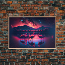 Load image into Gallery viewer, Pink Flamingos against a starry night sky, synthwave vibes, framed canvas print, framed art
