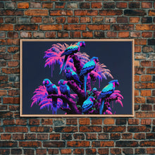 Load image into Gallery viewer, Synthwave Tropical Birds, Parrot Art, Framed canvas print, framed wall decor, vaporwave animal print
