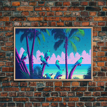 Load image into Gallery viewer, Tropical birds of paradise, synthwave, vaporwave wall art, framed canvas print
