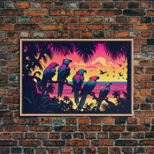 Load image into Gallery viewer, Tropical birds of paradise, synthwave, vaporwave wall art, framed canvas print
