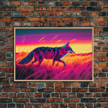 Load image into Gallery viewer, Cute fox in the tall grass, animal print, vaporwave framed canvas print, retrowave animal art
