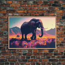 Load image into Gallery viewer, Elephants of Africa, Vibrant and colorful landscape, vaporwave, framed canvas print
