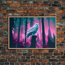 Load image into Gallery viewer, White owl in synthwave forest, vaporwave style animal print art, framed canvas print
