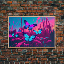 Load image into Gallery viewer, Beautiful butterfly art, vaporwave aesthetic pastel art, framed canvas print, synthwave art

