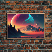 Load image into Gallery viewer, 3 Moon Fantasy World, Retro Style Sci-Fi Art, Framed Canvas Print, Futuristic Art, Fantasy Decor
