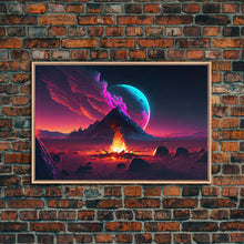 Load image into Gallery viewer, Campfire under a Full Moon, Framed canvas print, retro synthwave / outrun style primitive home decor
