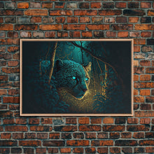 Load image into Gallery viewer, Blue Eyed Black Panther, framed canvas print, unique wall art, wildlife canvas art, living room wall art
