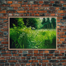 Load image into Gallery viewer, Beautiful field of wildflowers, Emerald green watercolor, framed canvas print, living room wall decor
